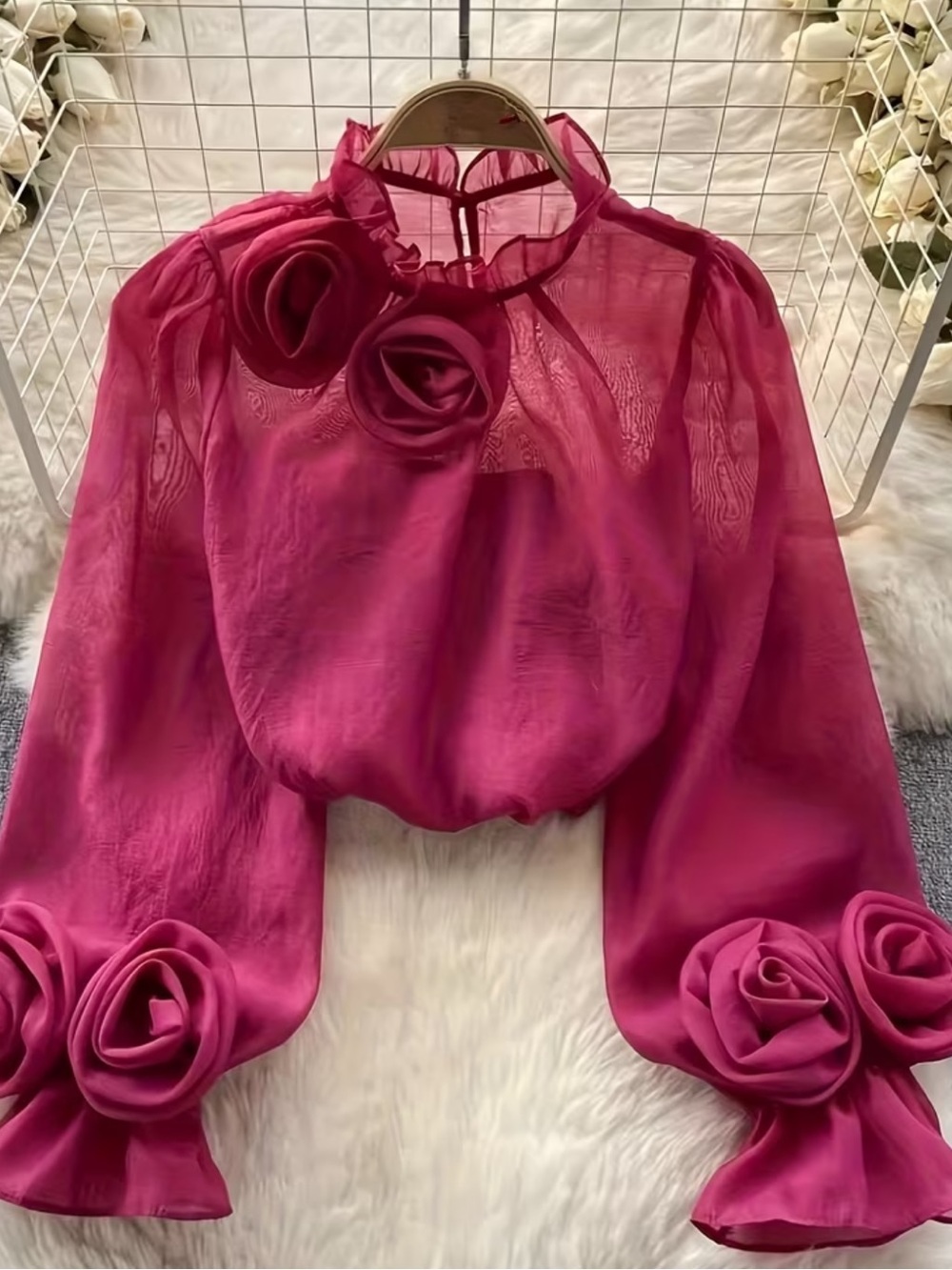 Designer Niche Three-Dimensional Floral Bubble Sleeve French-Style Long Sleeve
